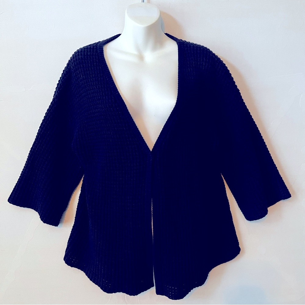 Lands’ End navy blue one snap button cardigan chunky weave sweater size Medium